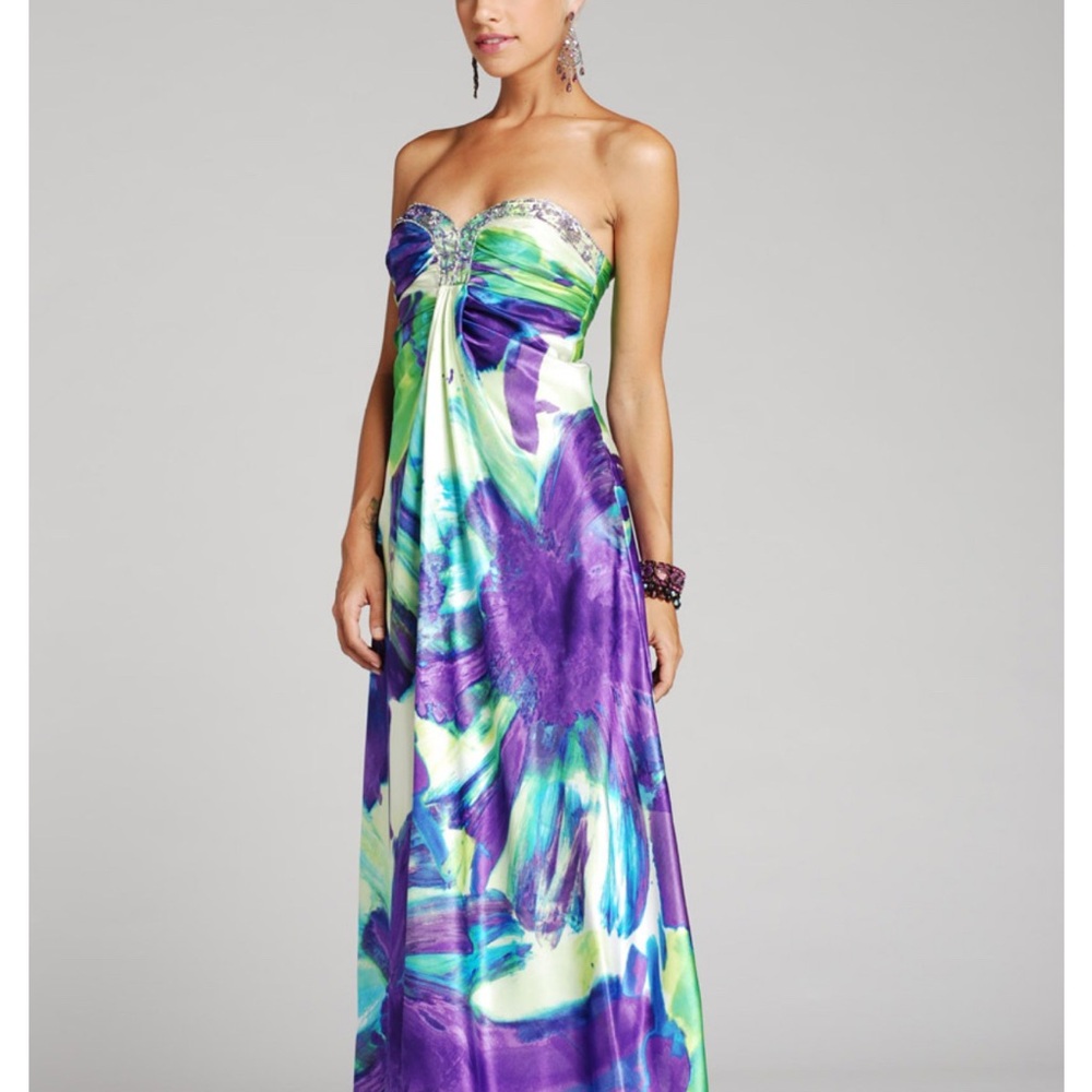 Masquerade XS Strapless Watercolor Dress in Purple and Green with Beaded Bodice